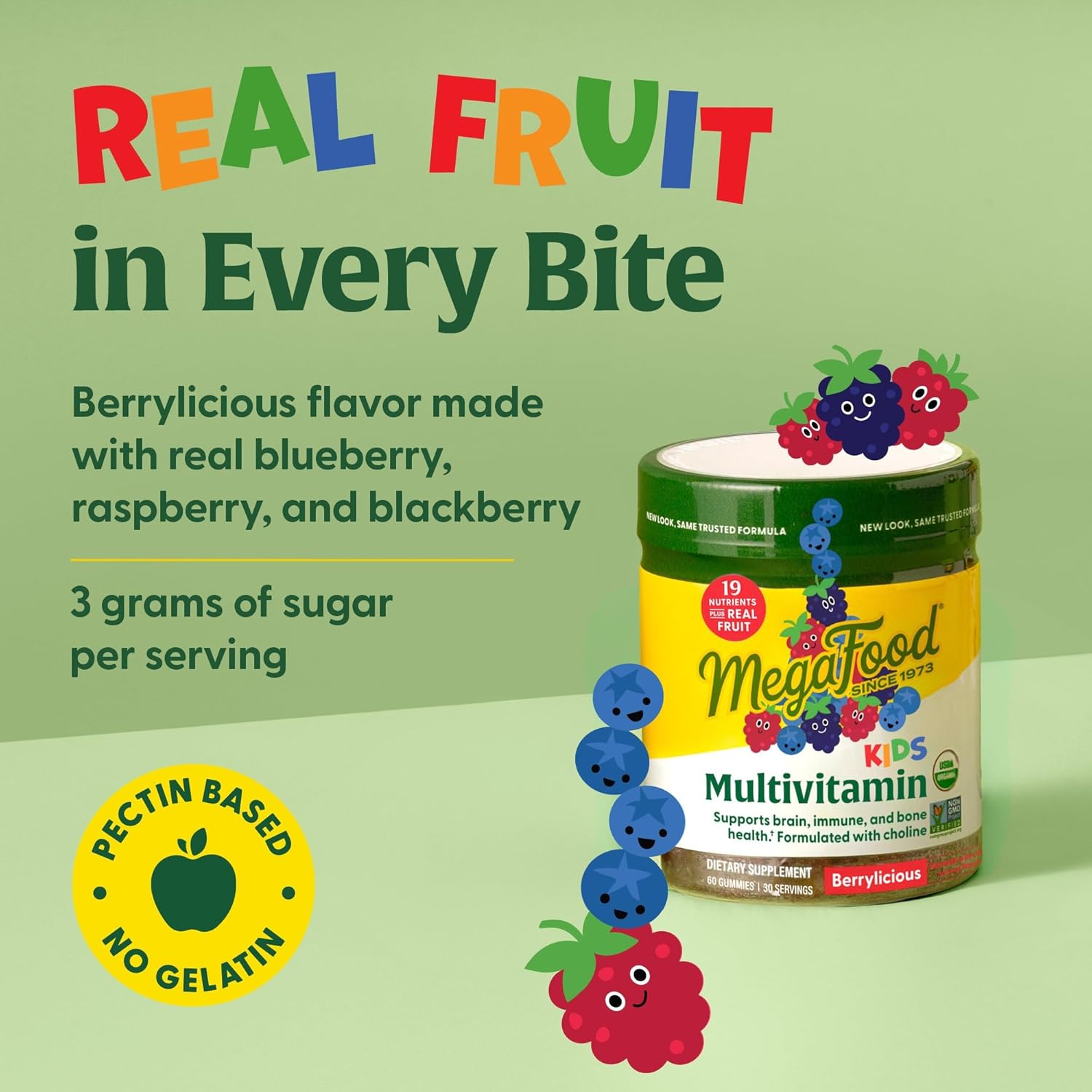 Berrylicious Kids Multivitamin Gummies - Immune & Brain Support - Ages 4+ - Vitamins C, D, Zinc, Choline - 60 Gummies