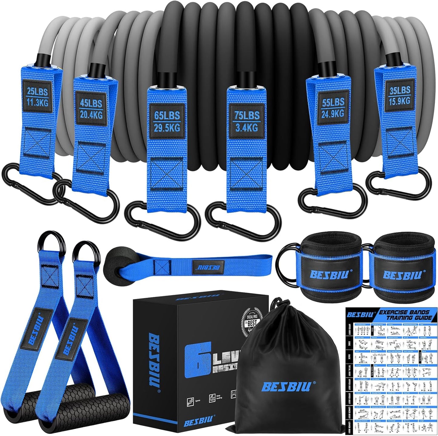 BesBiu Heavy Resistance Bands Set for Men, 300lbs/360lbs Workout Bands with Handles, Door Anchor, Ankle Straps - Home Gym Strength Training Equipment for Stretching