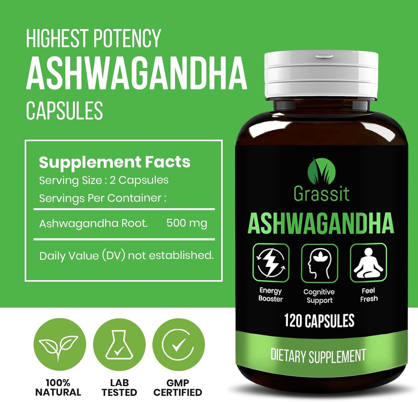 Best Naturals Grassit Ashwagandha Supplement 500mg/120 Capsules for Overall Health and Wellness