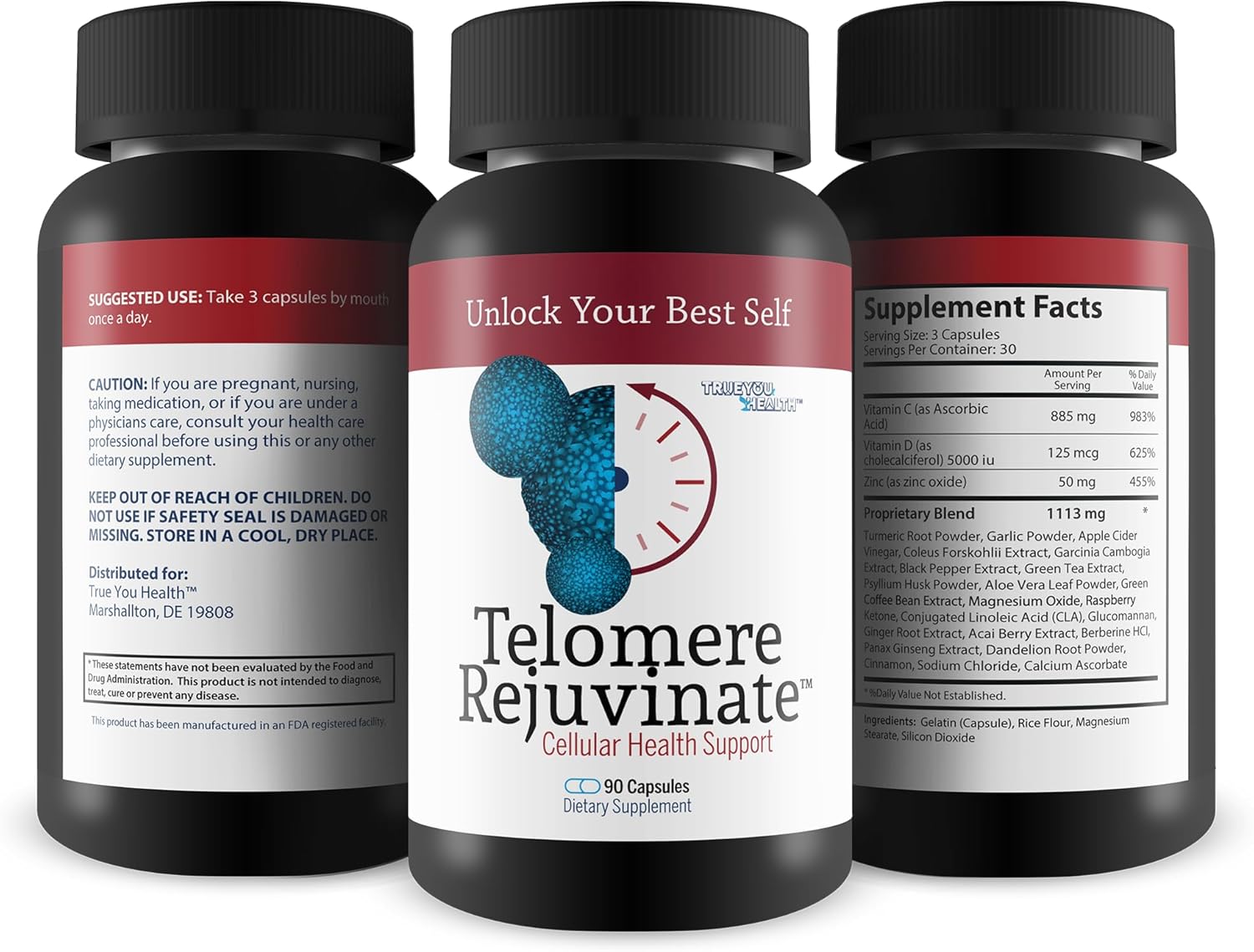 Best Telomere Lengthening Supplement for Anti-Aging & Longevity - True You Health Telomere Rejuvenate Powder Capsules - NAD Supplement for Longer Telomeres & Youthful Aging