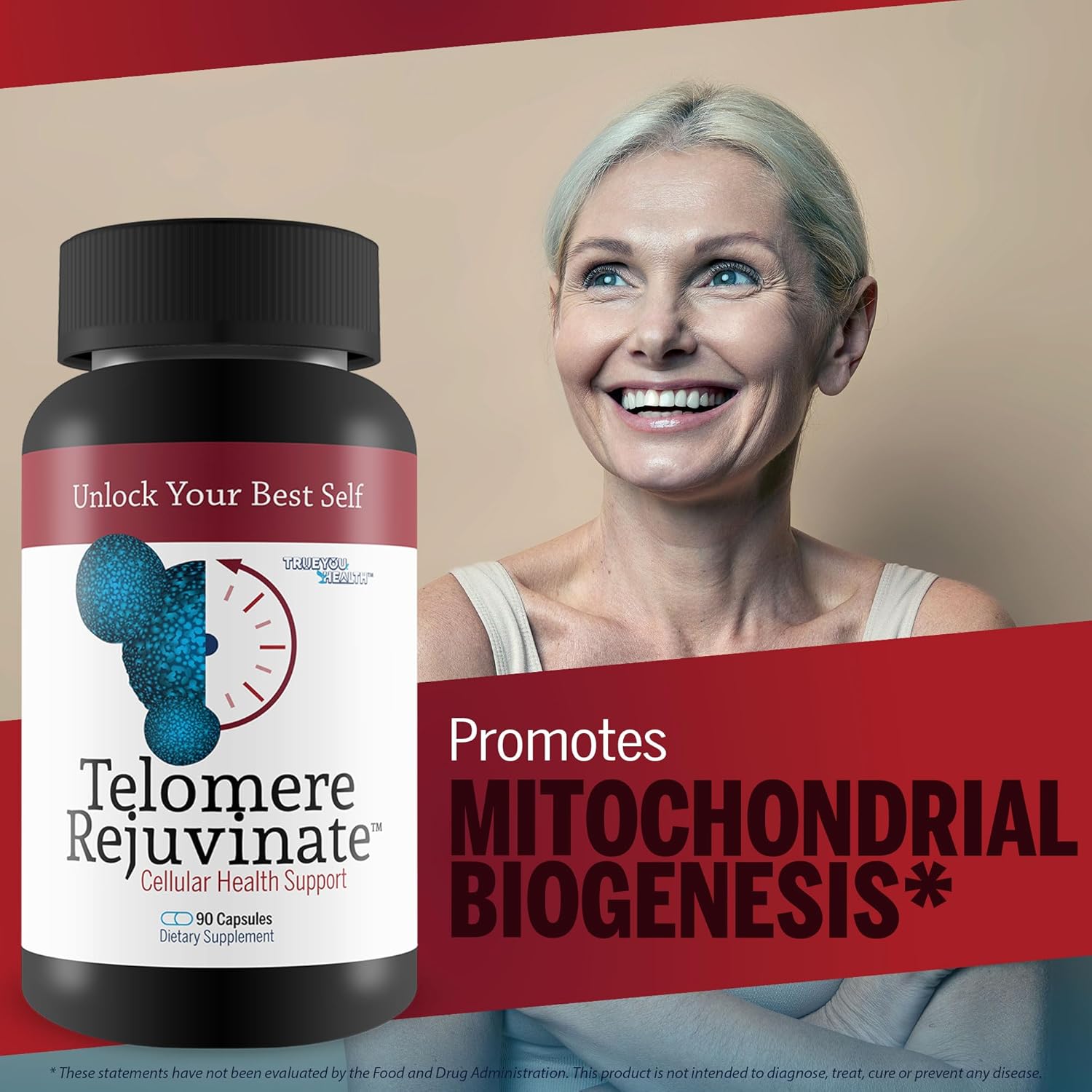 Best Telomere Lengthening Supplement for Anti-Aging & Longevity - True You Health Telomere Rejuvenate Powder Capsules - NAD Supplement for Longer Telomeres & Youthful Aging