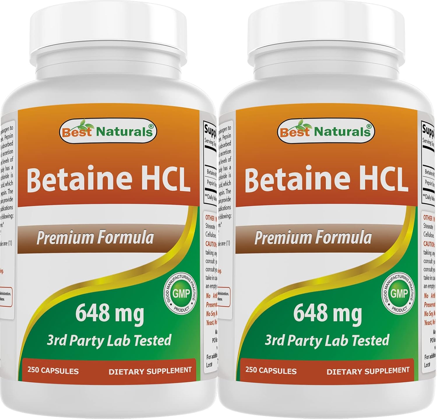 Betaine HCL 648mg 250 Capsules - Pack of 2 - Top Natural Supplement for Digestive Health