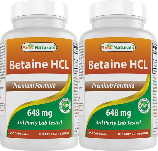 Betaine HCL 648mg 250 Capsules - Pack of 2 - Top Natural Supplement for Digestive Health