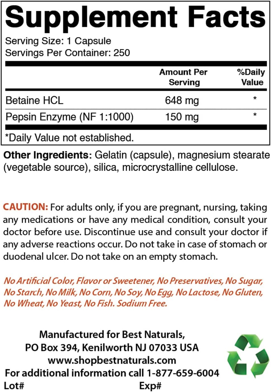 Betaine HCL 648mg 250 Capsules - Pack of 2 - Top Natural Supplement for Digestive Health