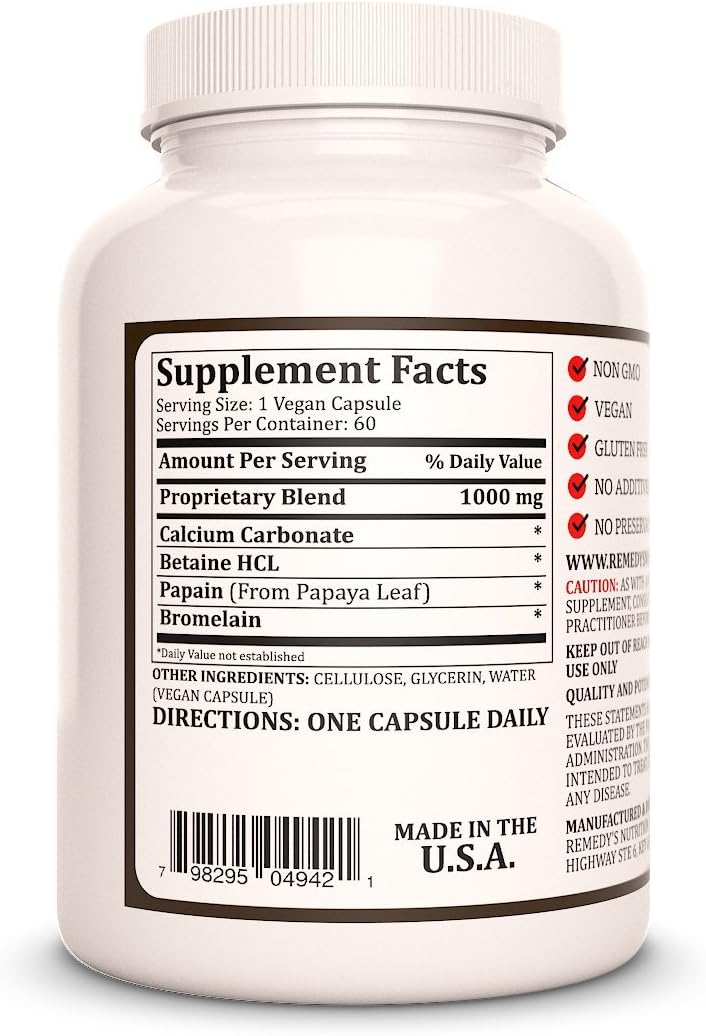 Betaine HCL with Calcium Carbonate, Papain & Bromelain 1,000mg - 60 Capsules Dietary Supplement