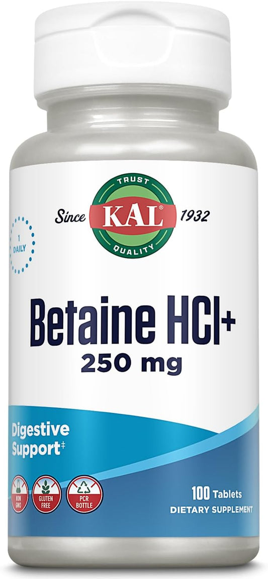 Betaine HCL with Pepsin Digestive Health Supplement - 250mg Betaine Hydrochloride, 130mg Pepsin, Gluten Free, Non-GMO - 100 Rapid Disintegration Tablets