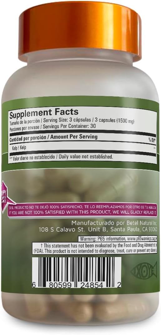 Betel Natural Algas Marinas/Kelp Capsules - 1000mg per Serving - Rich in Natural Iodine and Sea Nutrients
