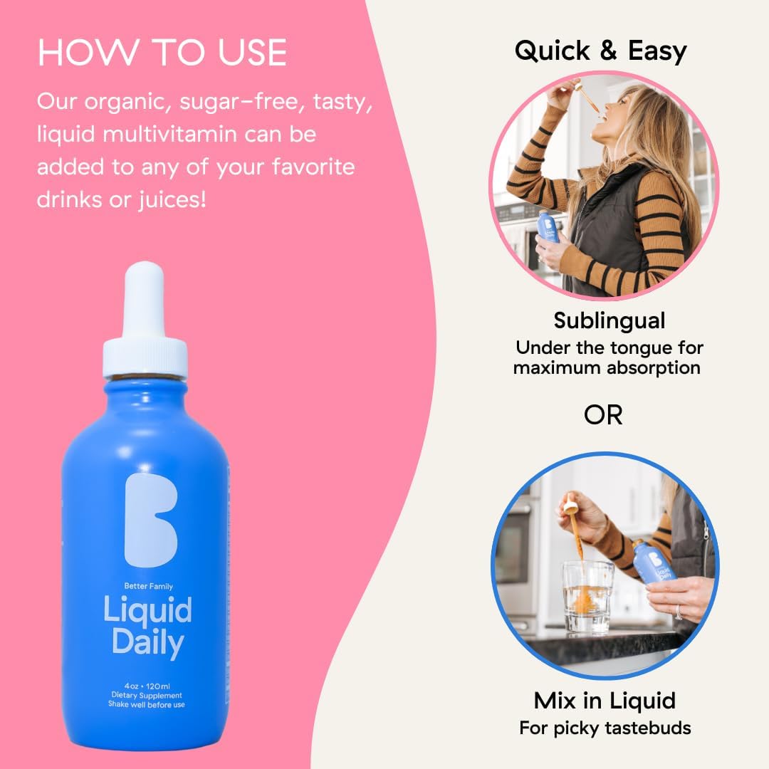 Better Family Liquid Daily Multivitamin - Methylated Vitamins - No Sugar - Gluten Free - All Ages & Genders - 4oz Bottle