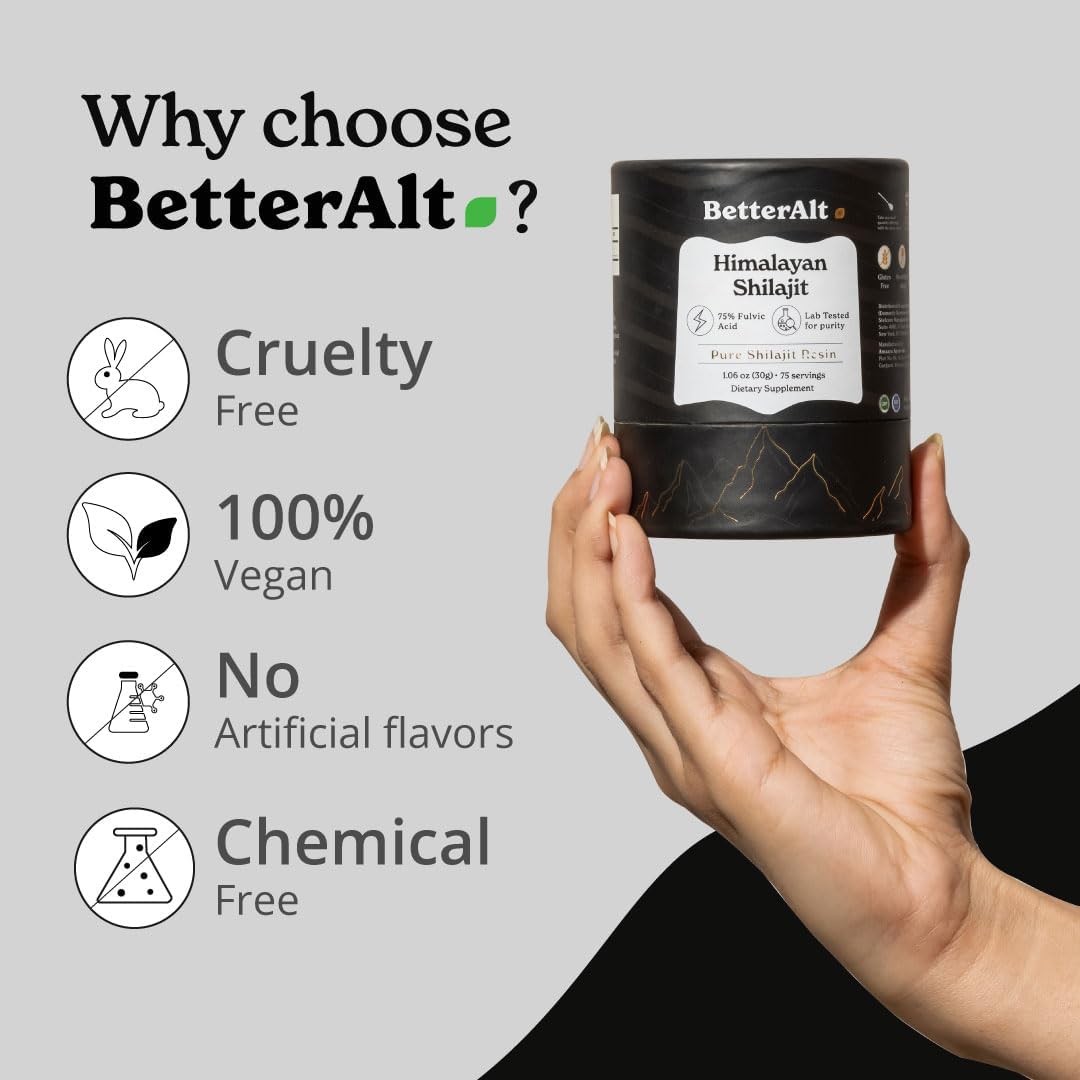 BetterAlt Pure Himalayan Shilajit Resin Pack of 2 - High Potency Gold Grade 150 Servings - Energy Boost & Immune Support - 85+ Trace Minerals - 75%+ Fulvic Acid - Lab Test Report - 400 mg