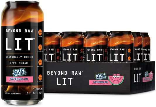 BEYOND RAW LIT Ready to Drink Cans - Jolly Rancher Watermelon Flavor - 12 Pack with Caffeine, L-Citrulline, Beta-Alanine