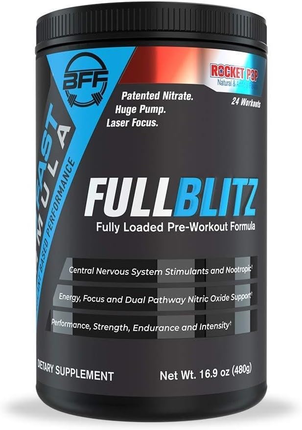 BFF FULLBLITZ Pre-Workout: Energy Booster with Nitric Oxide Boost & Nootropic Blend - 24 Servings (Rocket Pop)