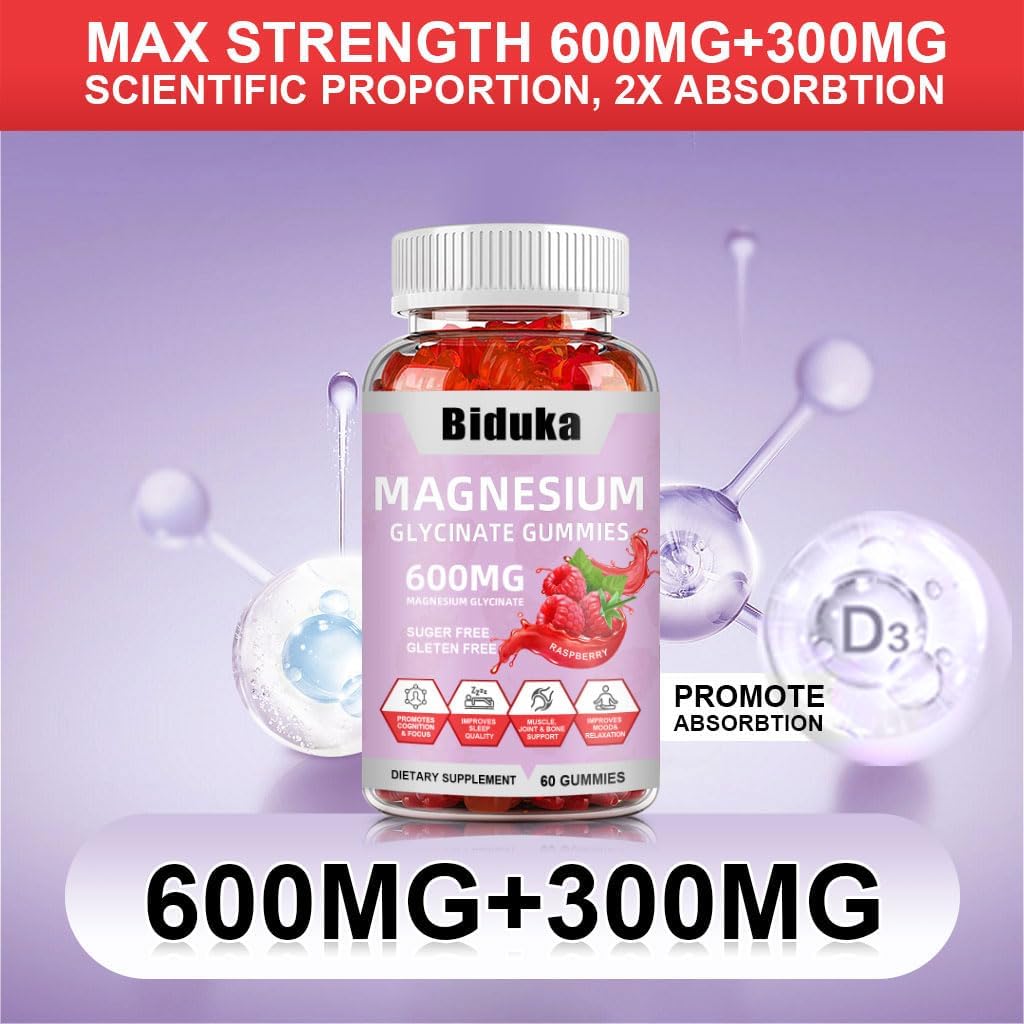 Biduka 900mg Magnesium Glycinate Gummies with Calcium, Sodium, and Vitamins, Vegan Formula - 60 Count