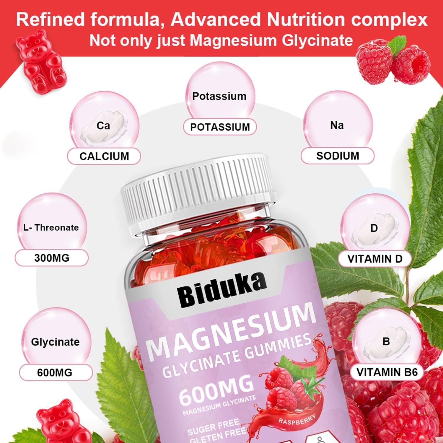 Biduka 900mg Magnesium Glycinate Gummies with Calcium, Sodium, and Vitamins, Vegan Formula - 60 Count