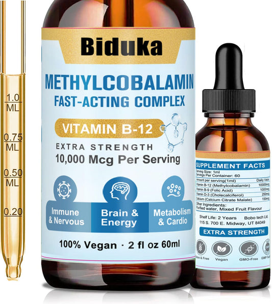 Biduka Vitamin B12 Sublingual Liquid Drops - 10,000mcg with D3, B9, Calcium - Energy, Heart, Mood, Brain, Immune Support - Vegetarian, Non-GMO, Gluten Free