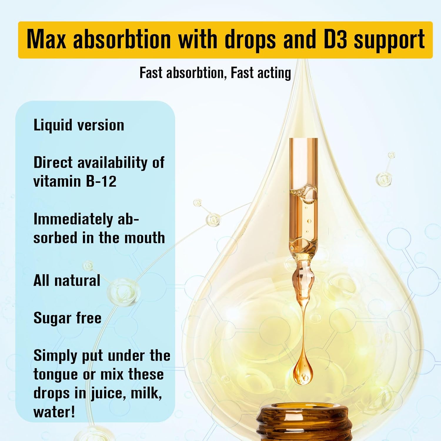 Biduka Vitamin B12 Sublingual Liquid Drops - 10,000mcg with D3, B9, Calcium - Energy, Heart, Mood, Brain, Immune Support - Vegetarian, Non-GMO, Gluten Free