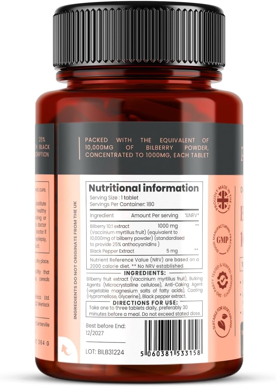 Bilberry Extract 10,000mg x 1080 Tablets - High Anthocyanidins Content (6 Bottles of 180)