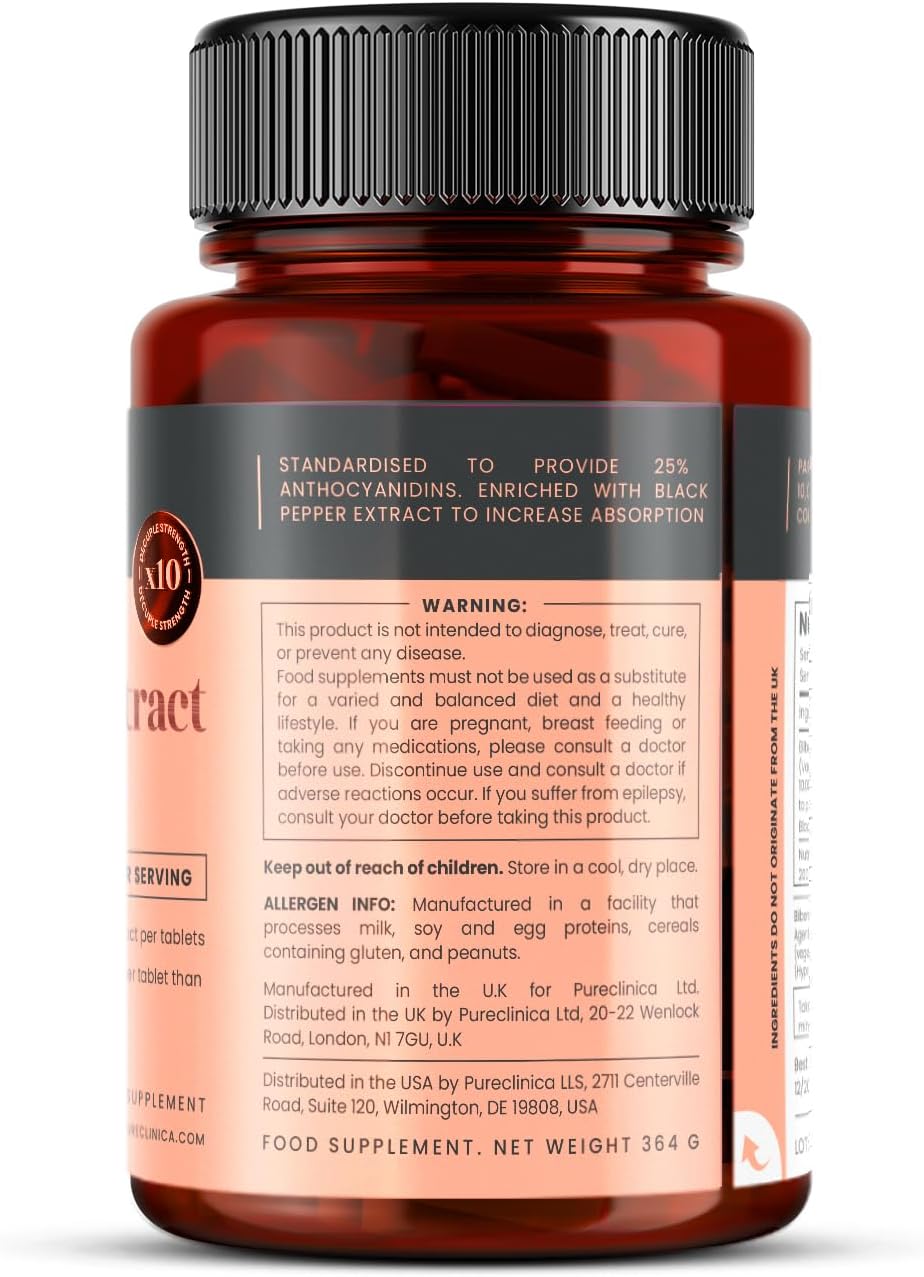 Bilberry Extract 10,000mg x 1080 Tablets - High Anthocyanidins Content (6 Bottles of 180)
