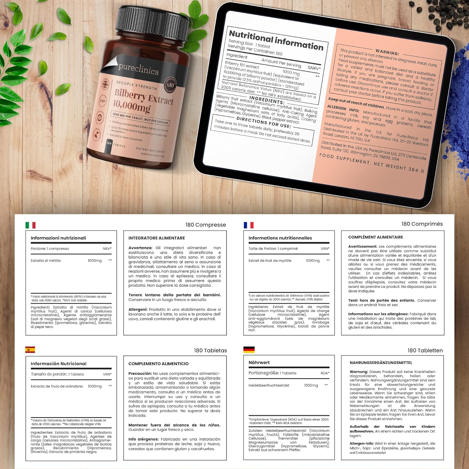 Bilberry Extract 10,000mg x 360 Tablets - High Anthocyanidins & Enhanced Absorption - 2 Bottles