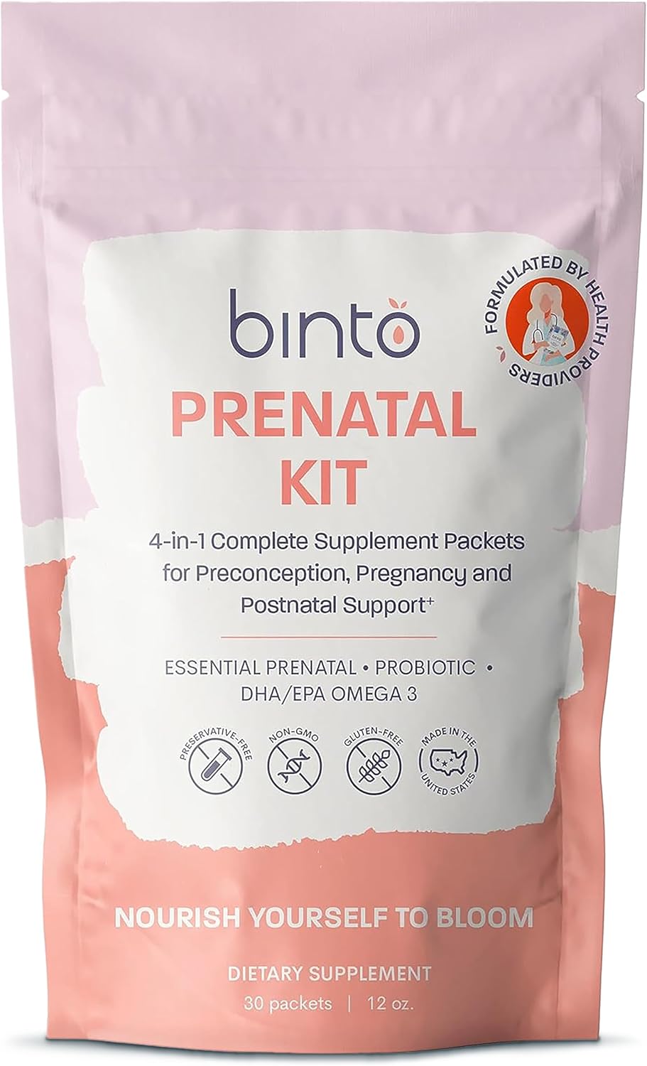 Binto Prenatal Supplements 1 Month Supply - Multivitamin, Probiotics, Iron, DHA, Folate - Non-GMO & Vegetarian