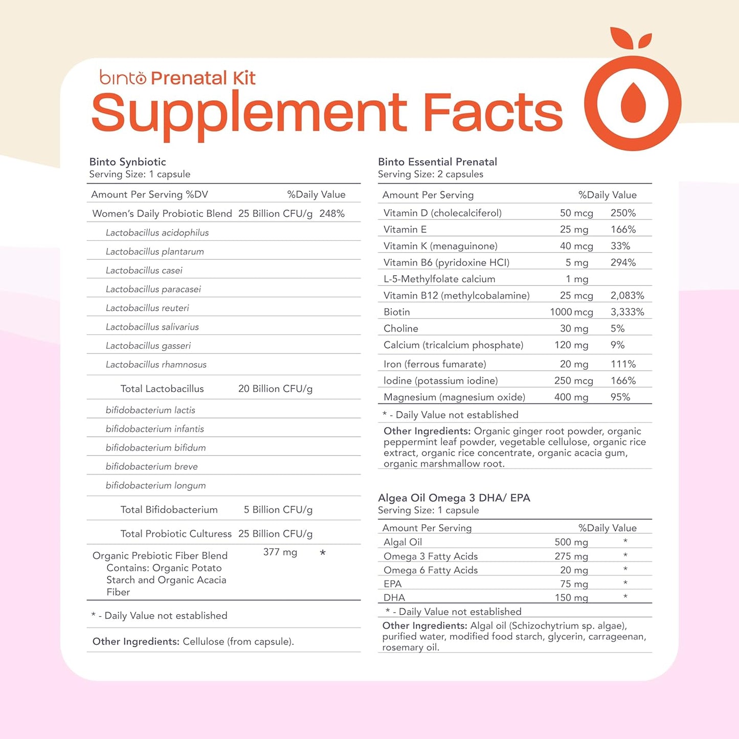 Binto Prenatal Supplements 1 Month Supply - Multivitamin, Probiotics, Iron, DHA, Folate - Non-GMO & Vegetarian