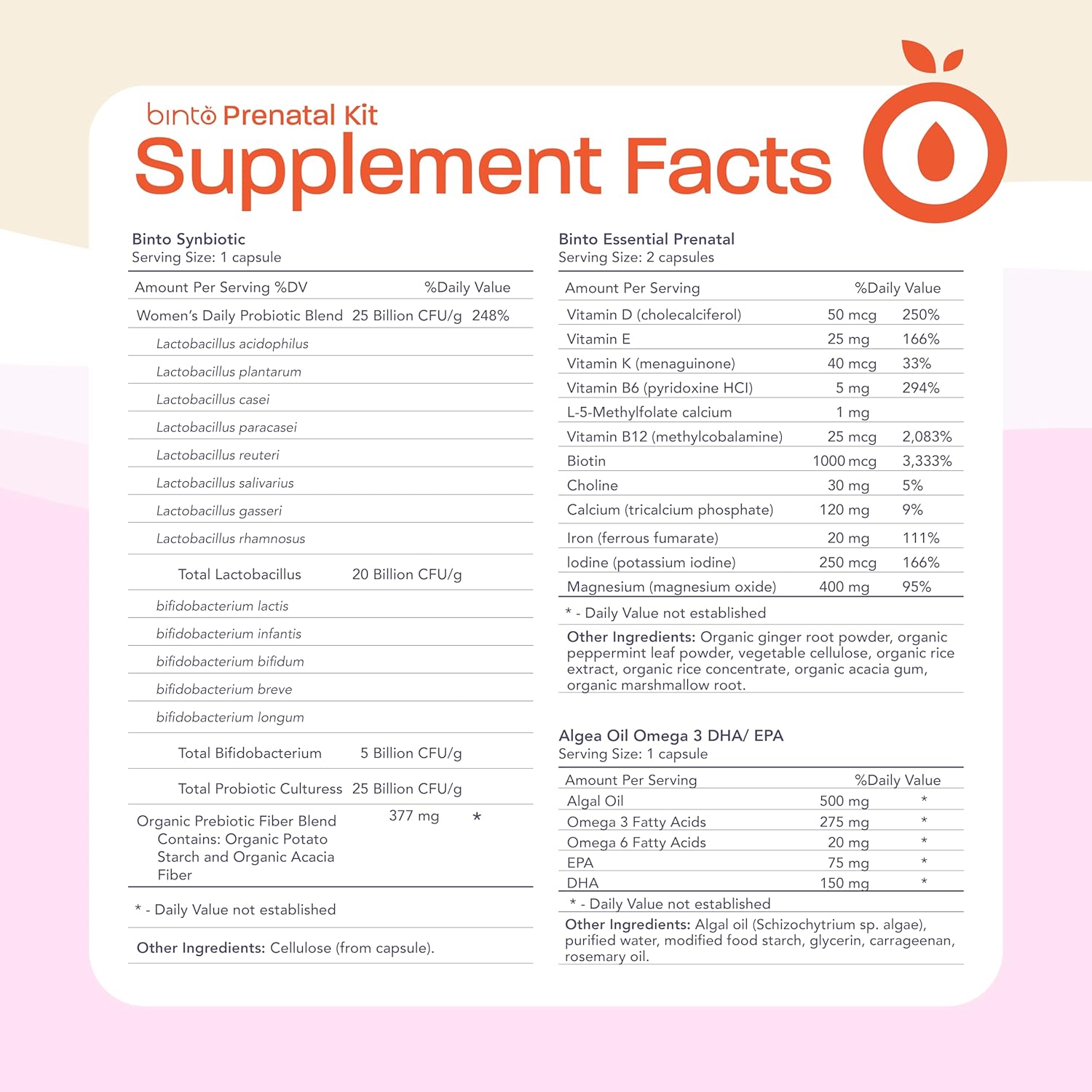 Binto Prenatal Supplements 1 Month Supply - Multivitamin, Probiotics, Iron, DHA, Folate - Non-GMO & Vegetarian