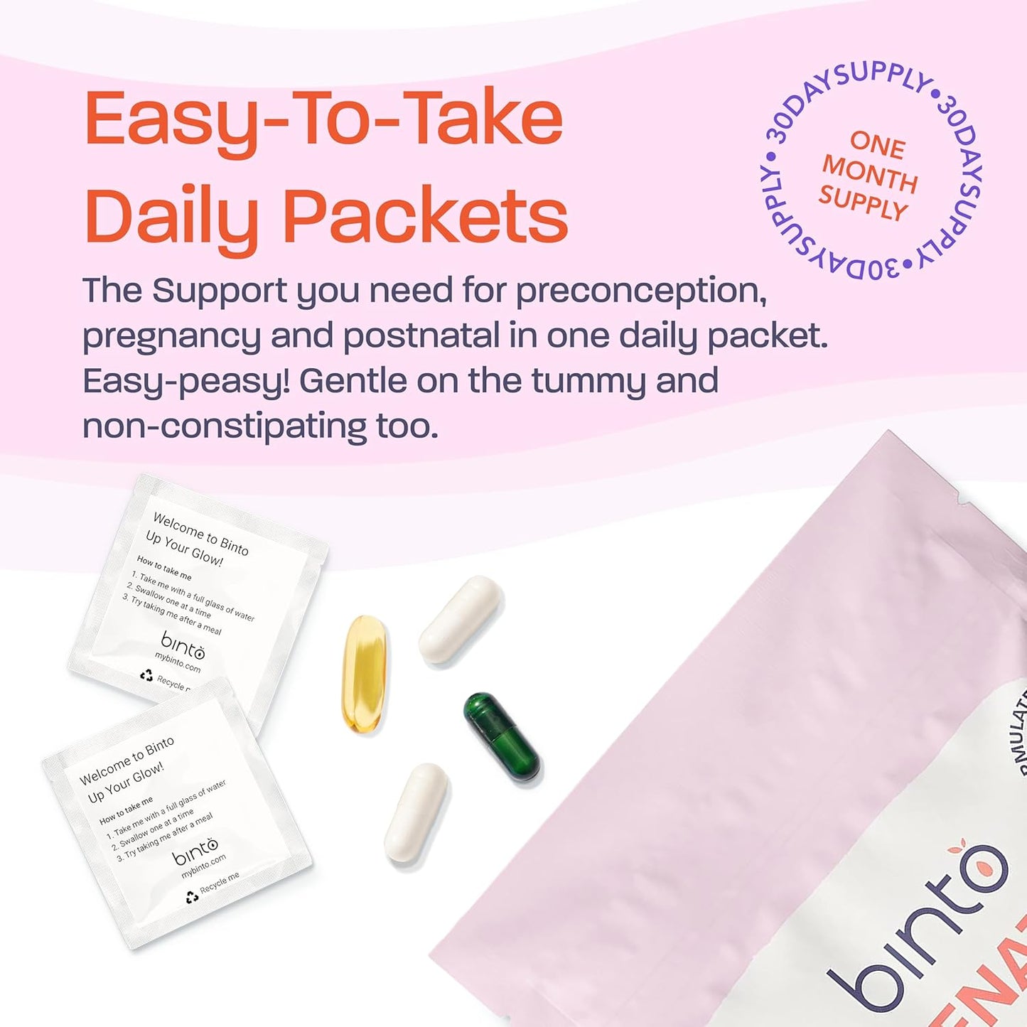 Binto Prenatal Supplements 1 Month Supply - Multivitamin, Probiotics, Iron, DHA, Folate - Non-GMO & Vegetarian