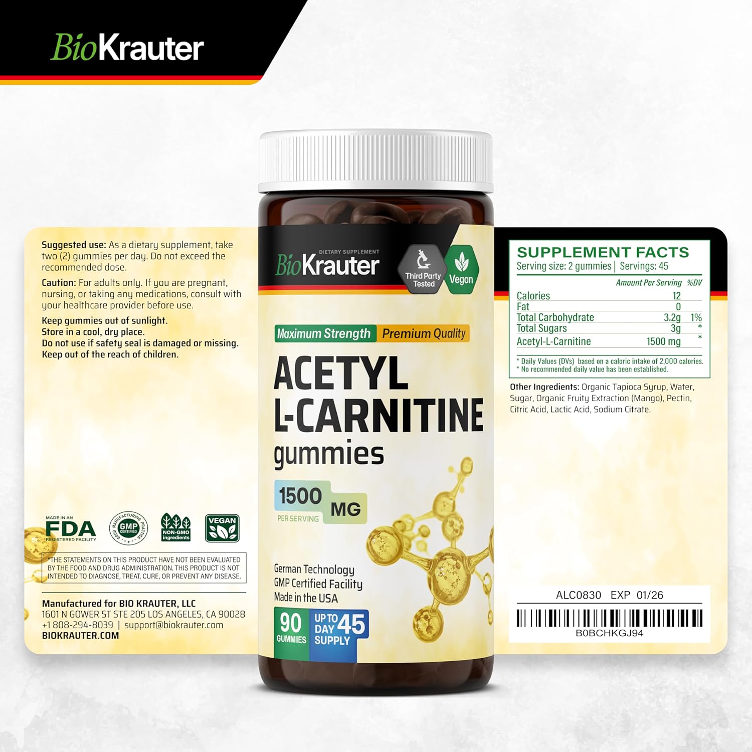 BIO KRAUTER Acetyl L-Carnitine and CoQ10 Gummies - 90 Count Each