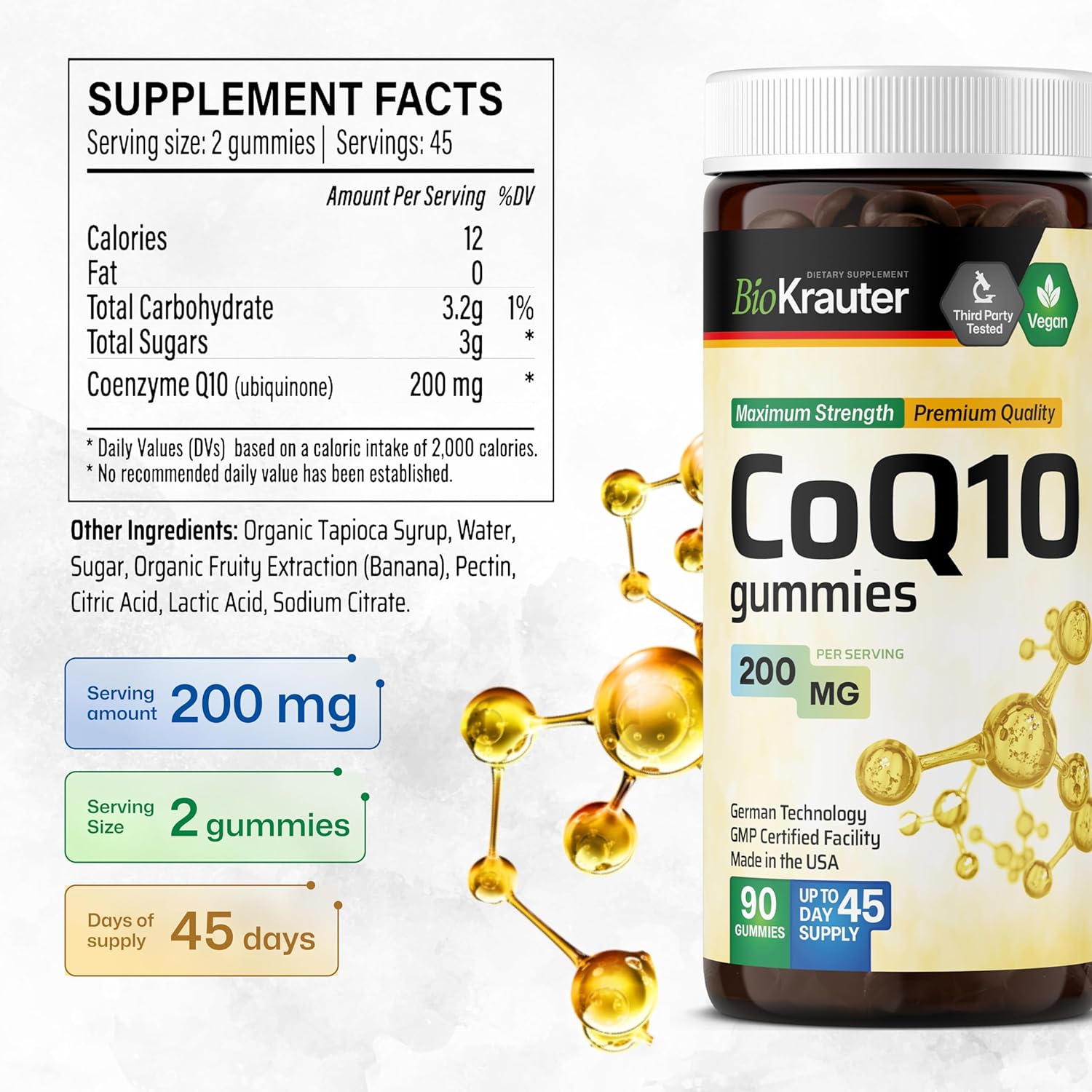 BIO KRAUTER Acetyl L-Carnitine and CoQ10 Gummies - 90 Count Each