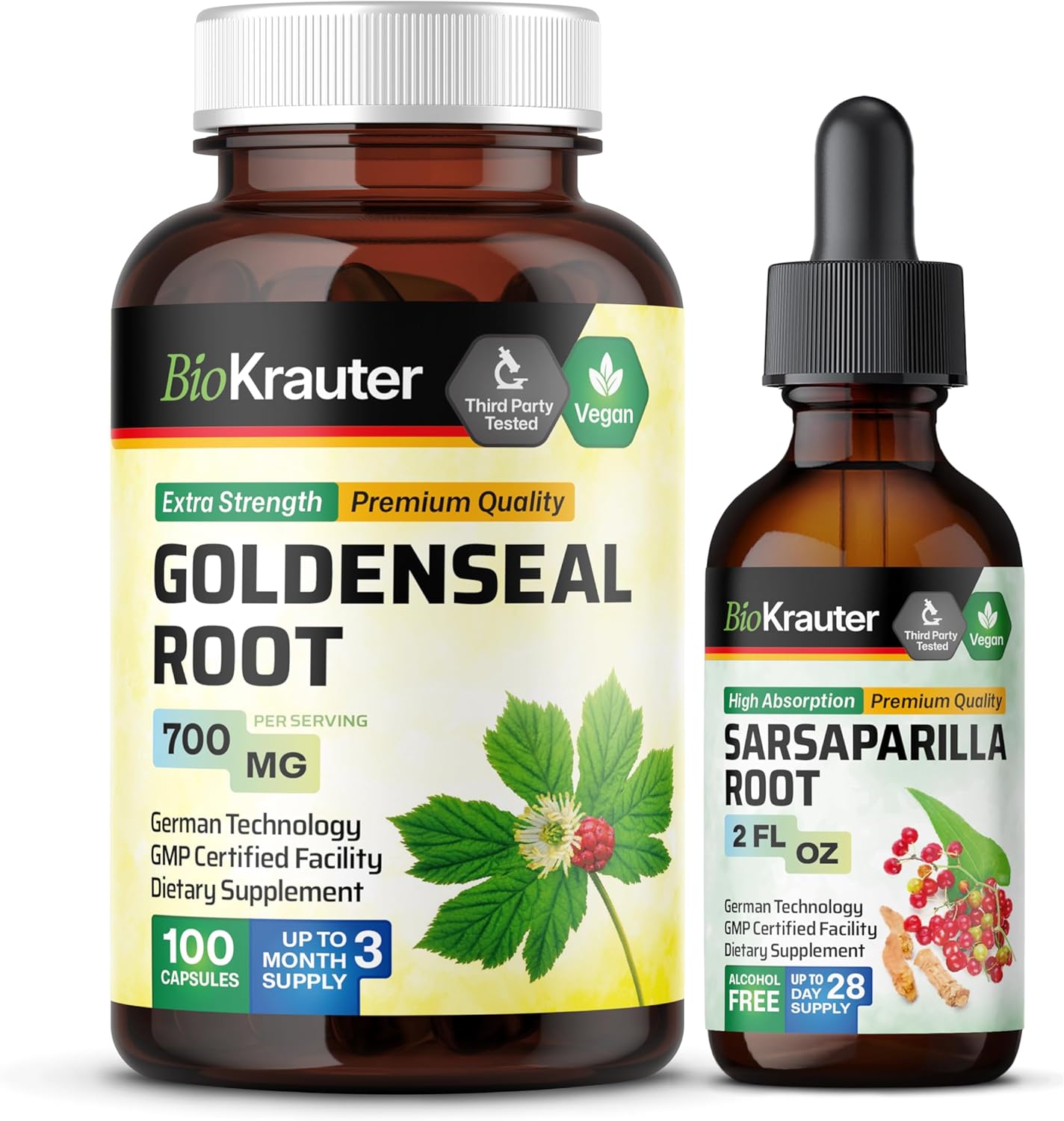 BIO KRAUTER Goldenseal Capsules & Sarsaparilla Tincture Combo Pack for Immune Support