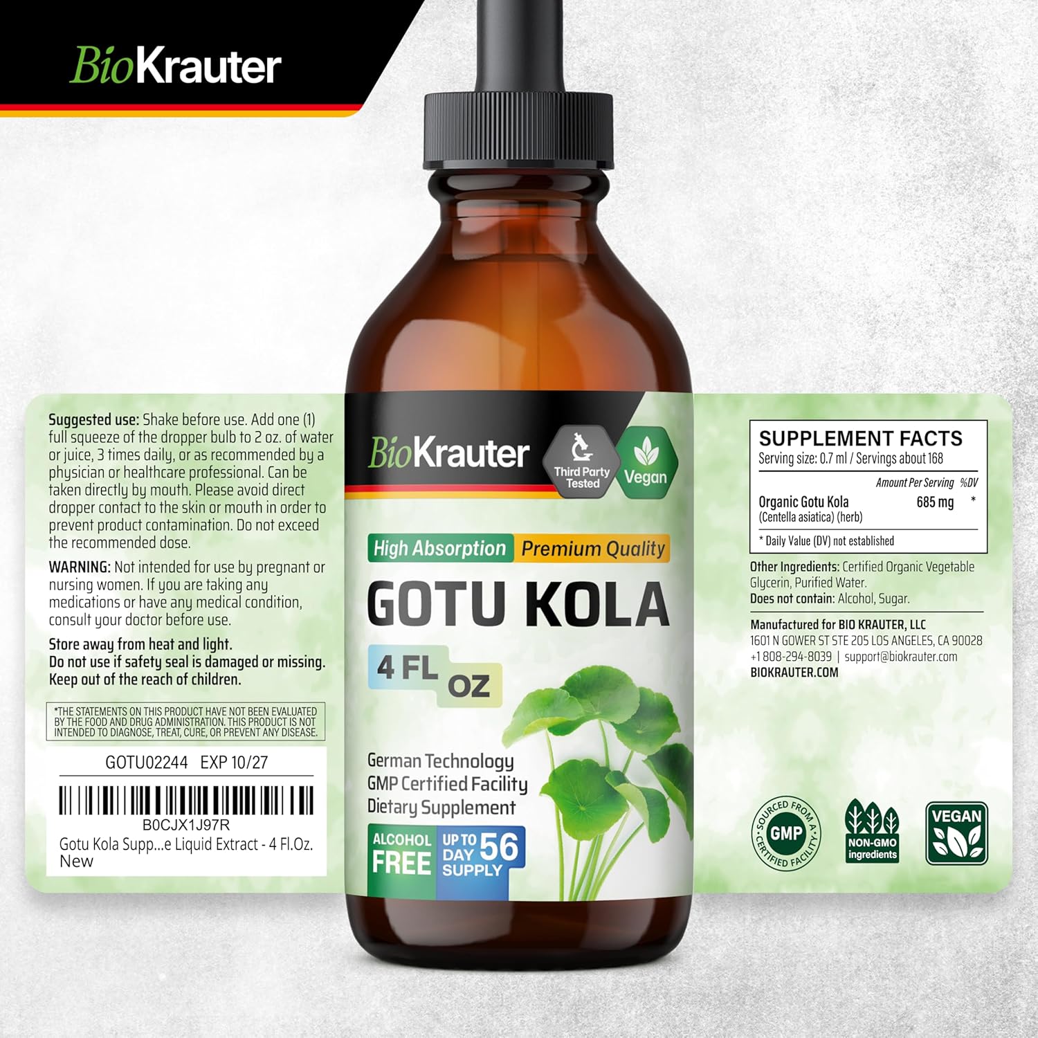 BIO KRAUTER Gotu Kola and Bacopa Tincture Bundle - 4 Fl. Oz. each