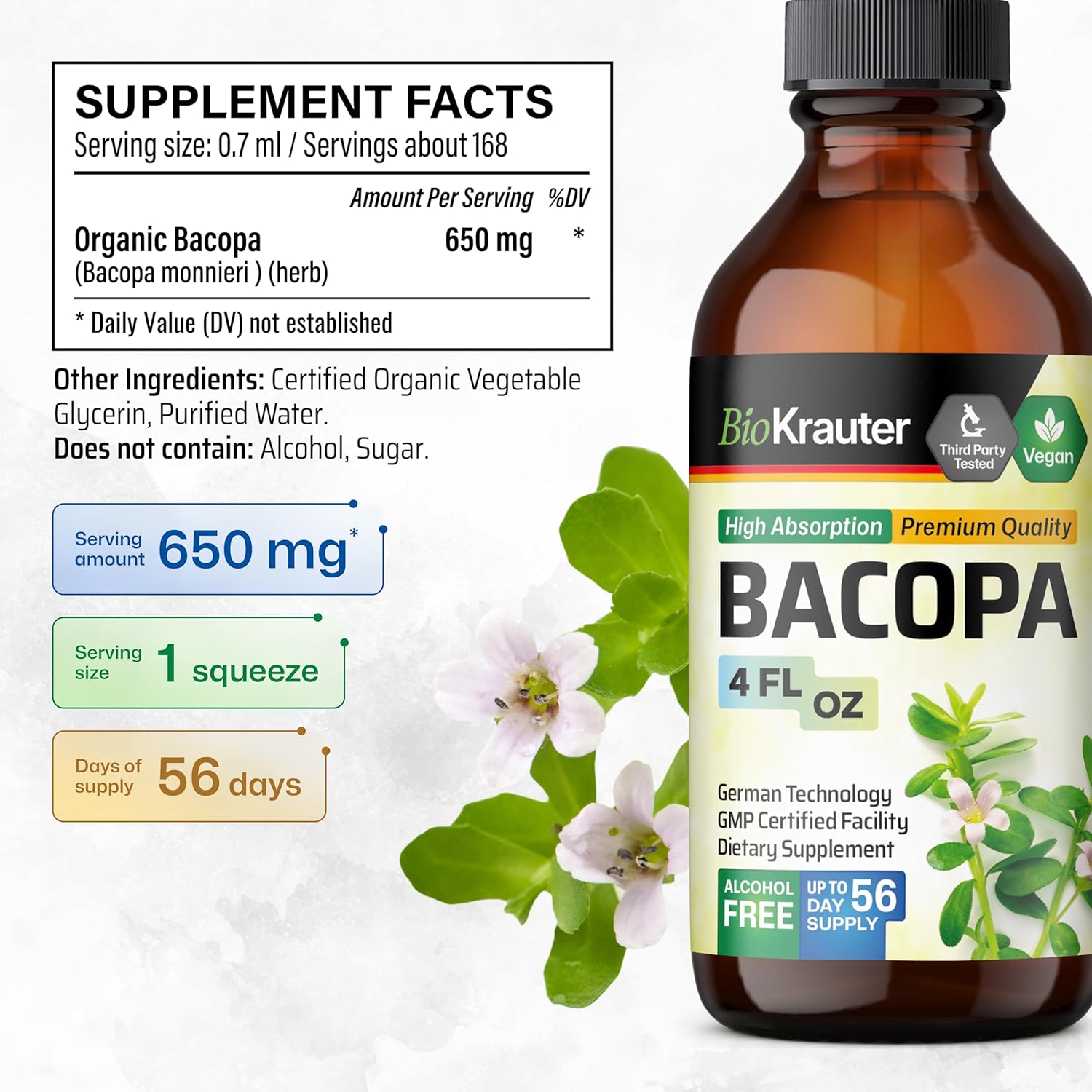 BIO KRAUTER Gotu Kola and Bacopa Tincture Bundle - 4 Fl. Oz. each
