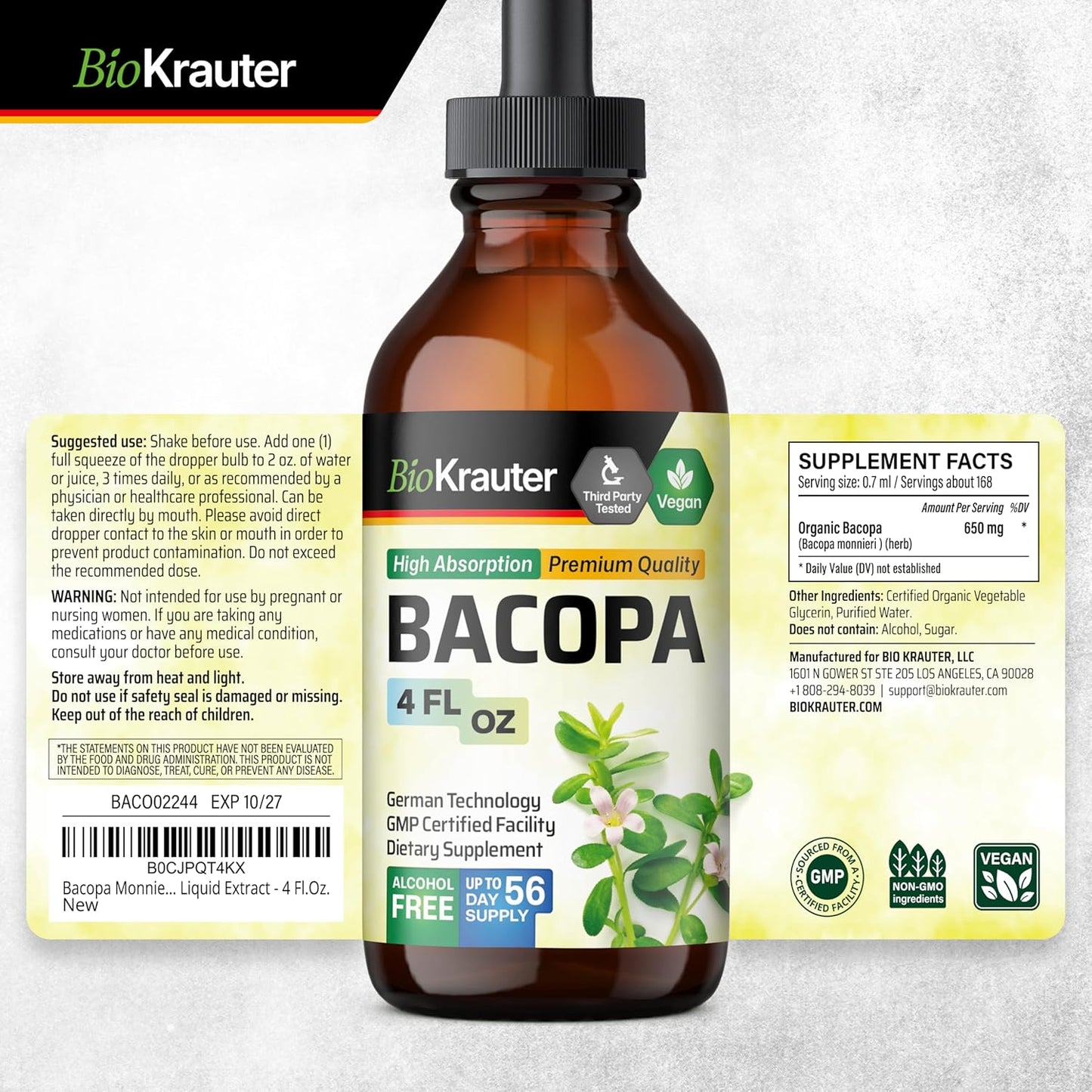 BIO KRAUTER Gotu Kola and Bacopa Tincture Bundle - 4 Fl. Oz. each