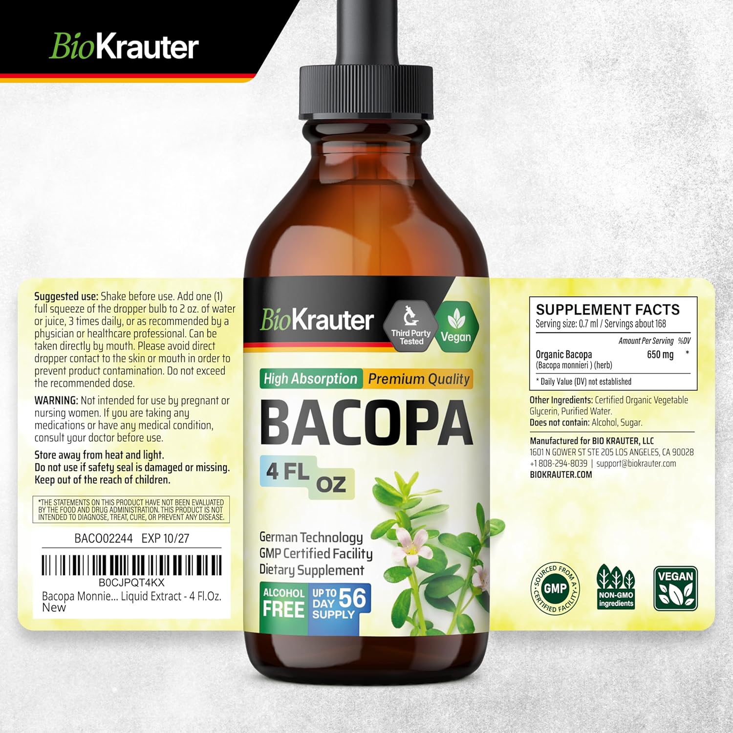 BIO KRAUTER Gotu Kola and Bacopa Tincture Bundle - 4 Fl. Oz. each