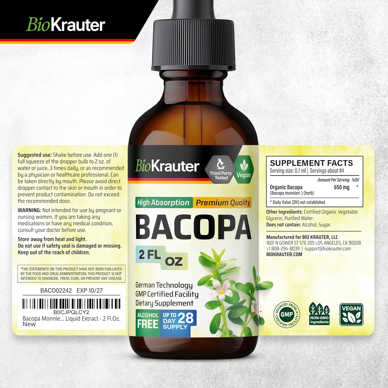 BIO KRAUTER Gotu Kola and Bacopa Tincture Combo - 2 Fl. Oz. each