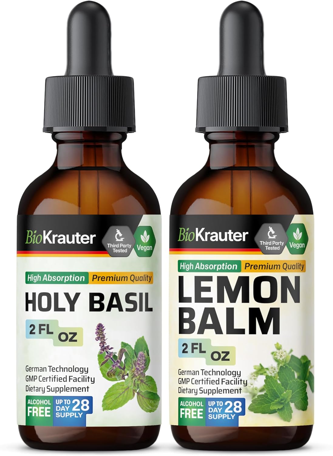 BIO KRAUTER Holy Basil and Lemon Balm Tinctures 2 Fl. Oz. - Herbal Dietary Supplements