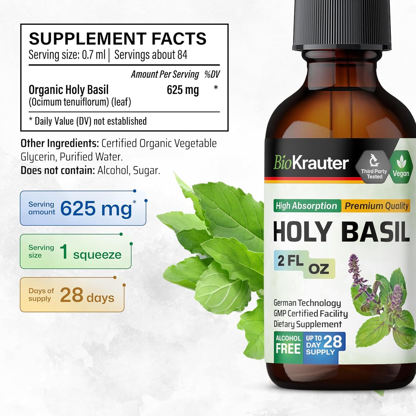 BIO KRAUTER Holy Basil and Lemon Balm Tinctures 2 Fl. Oz. - Herbal Dietary Supplements