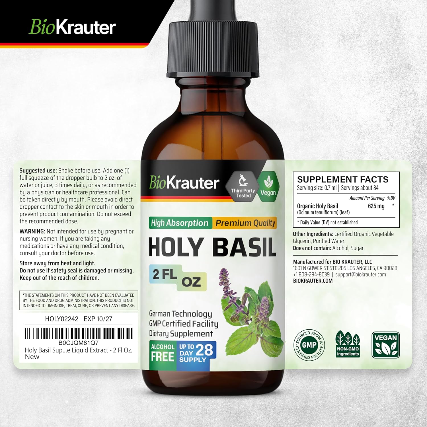 BIO KRAUTER Holy Basil and Lemon Balm Tinctures 2 Fl. Oz. - Herbal Dietary Supplements