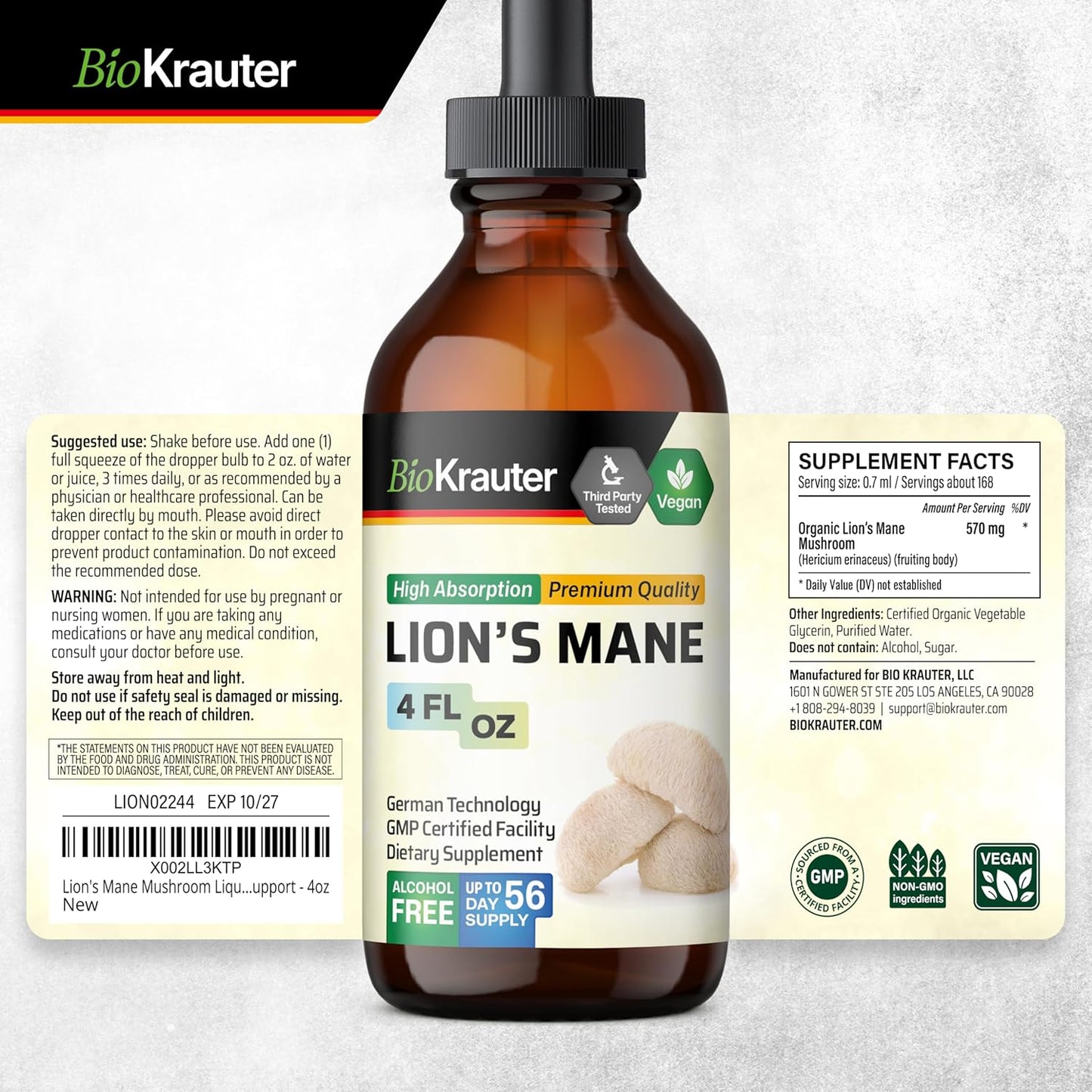 BIO KRAUTER L-Tyrosine Gummies with Lion's Mane Tincture - 90 Gummies & 4 Fl. Oz.