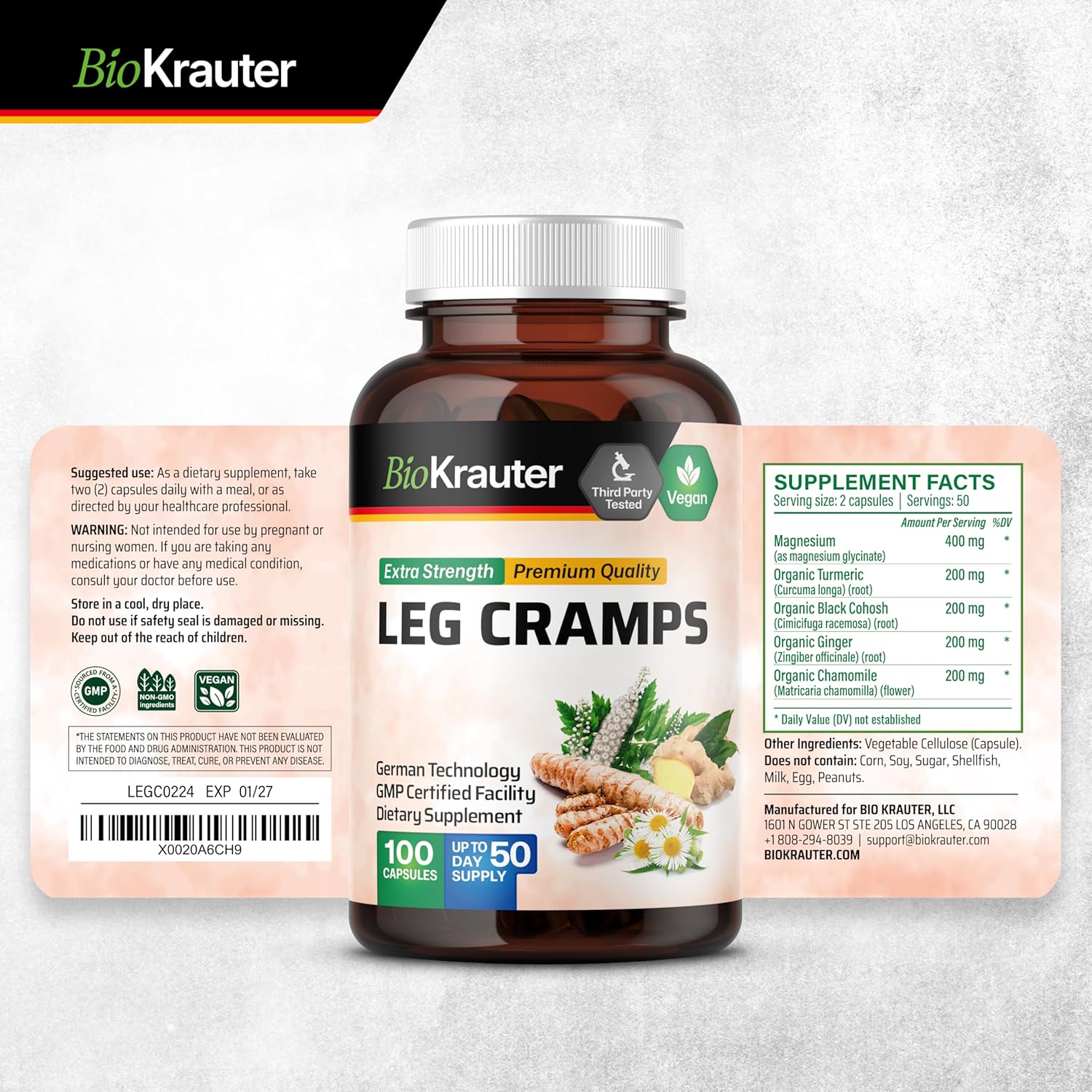 BIO KRAUTER Leg Cramps Capsules and Turmeric Tincture Bundle for Muscle Relief