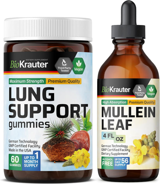 BIO KRAUTER Lung Support Bundle: 60 Gummies & 4 Fl. Oz. Mullein Tincture for Respiratory Health