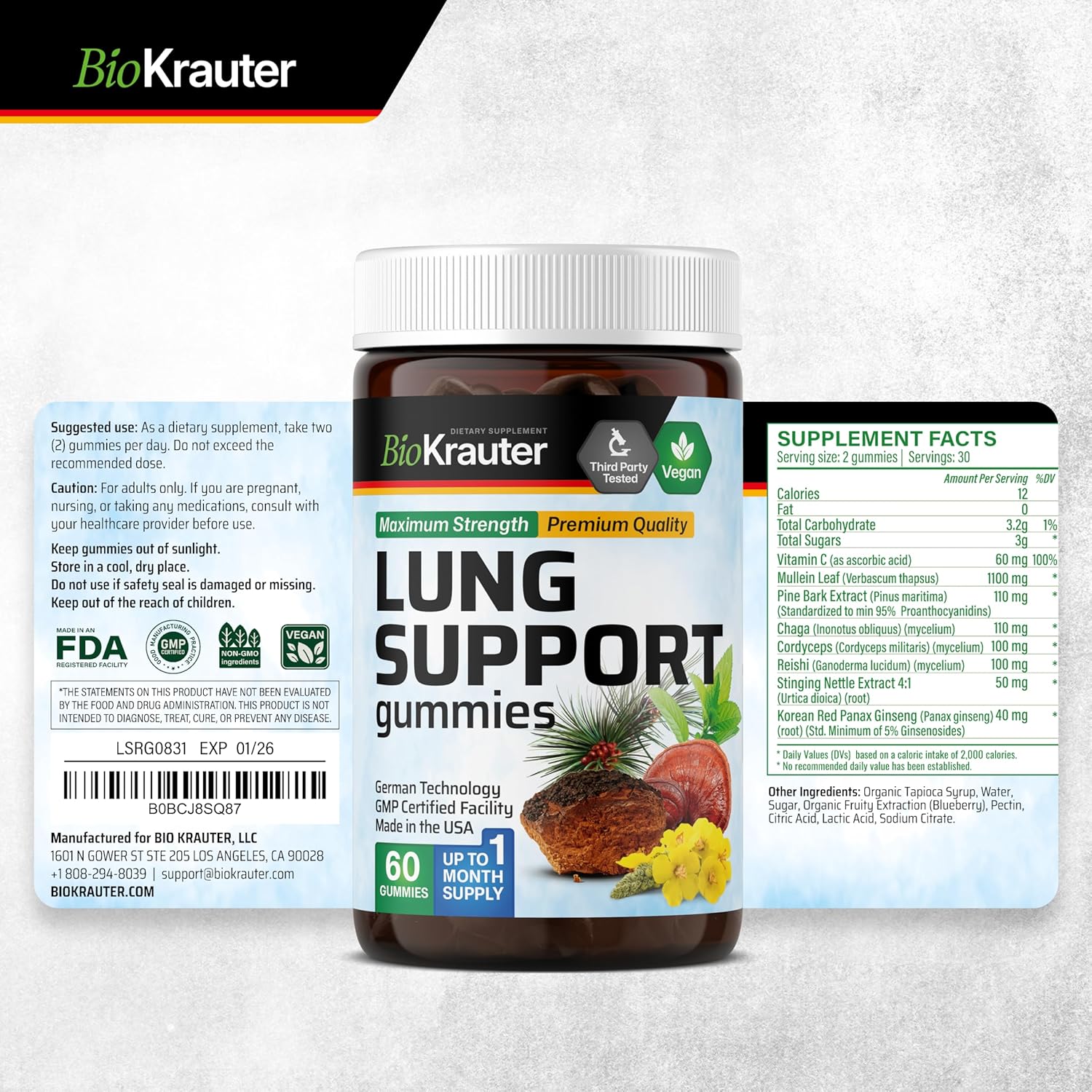 BIO KRAUTER Mullein and Lung Support Gummies - 120 Count
