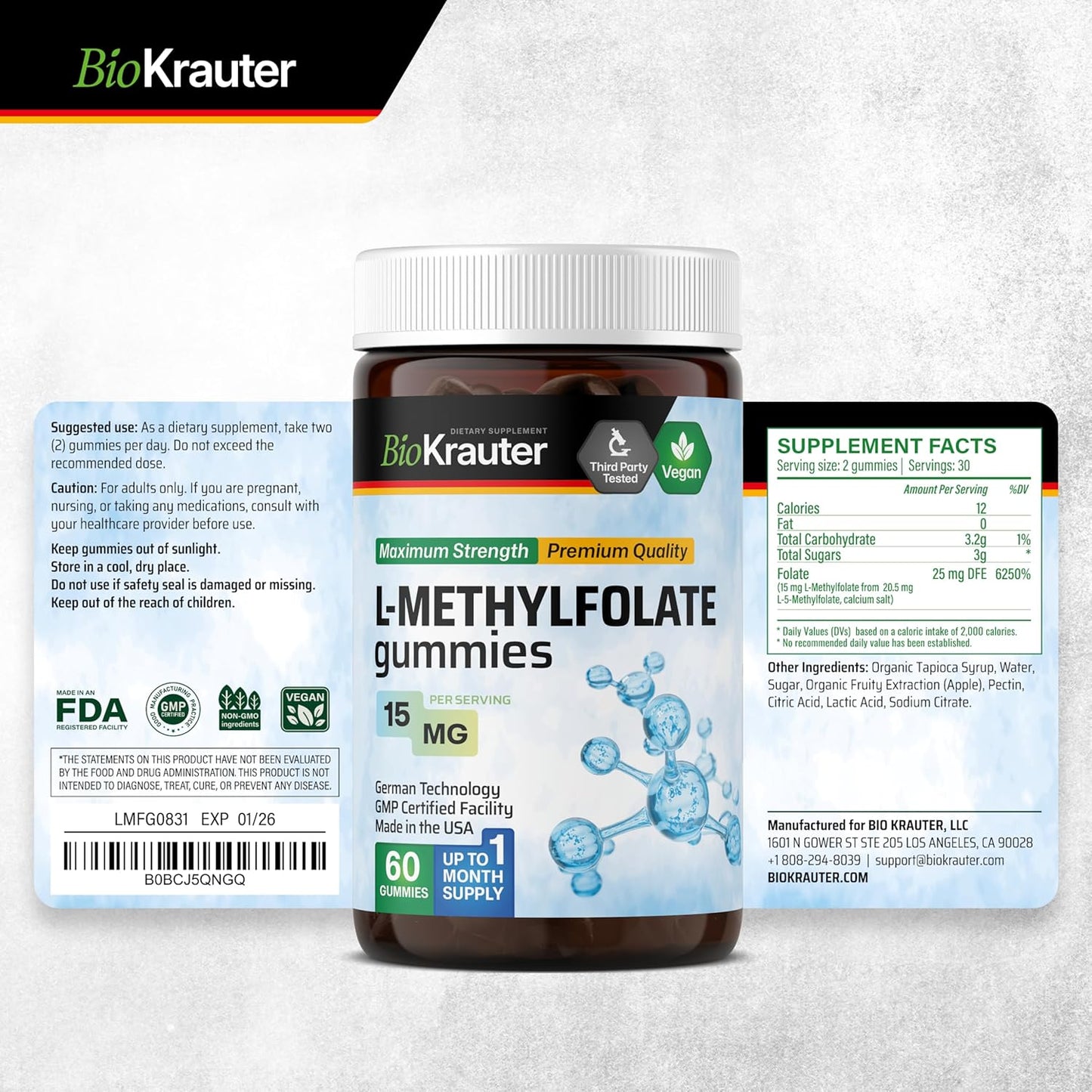 BIO KRAUTER Quercetin, Bromelain, and L-Methylfolate Gummies Combo Pack - 120 Gummies in Total
