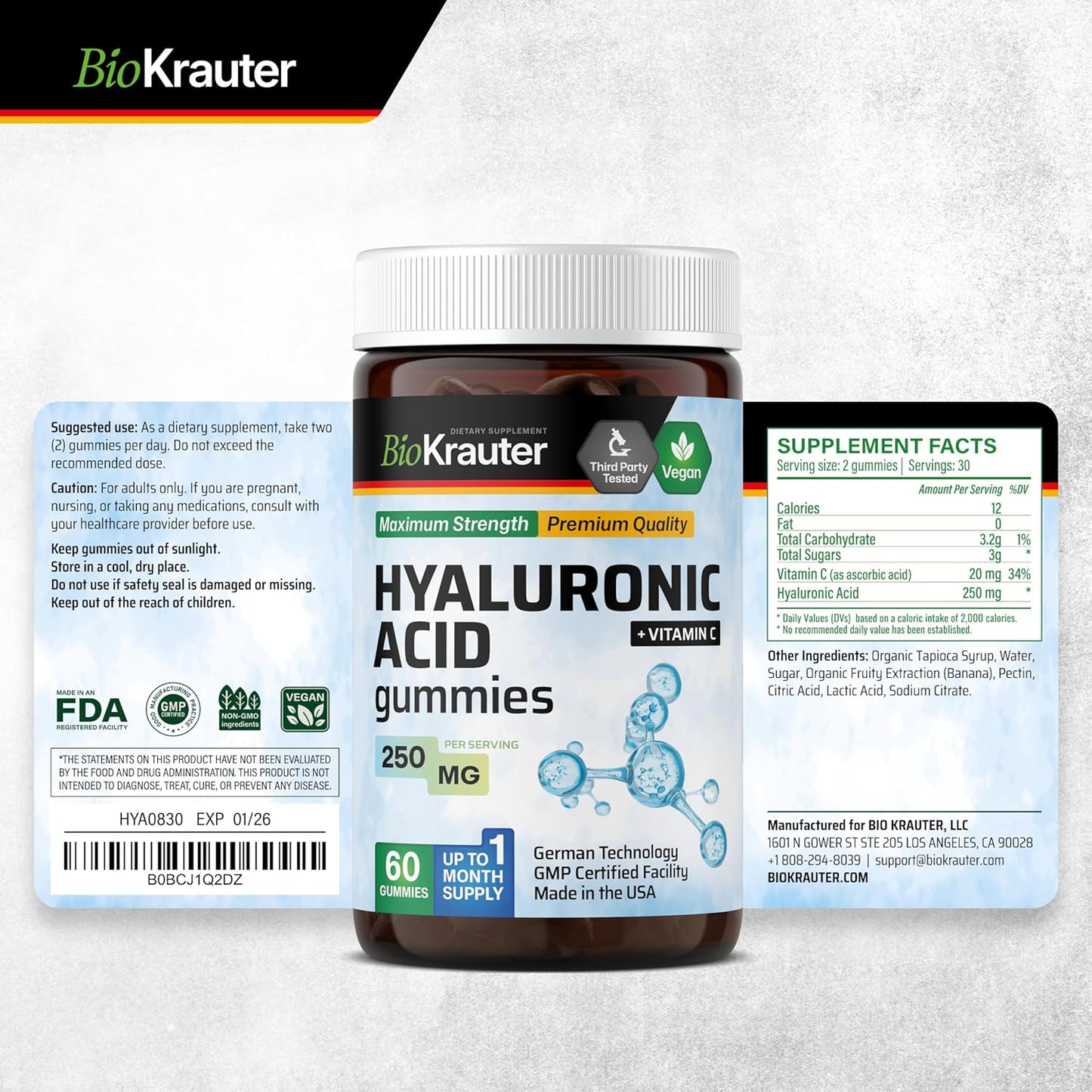 BIO KRAUTER Spearmint Capsules & Hyaluronic Acid Gummies Bundle - 310 Total Supplement Capsules