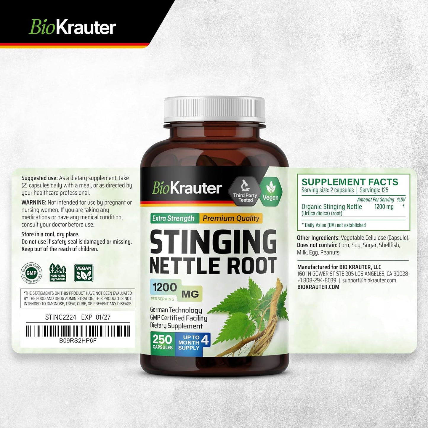 BIO KRAUTER Stinging Nettle Supplement Set: 250 Capsules & 2 Fl. Oz. Tincture