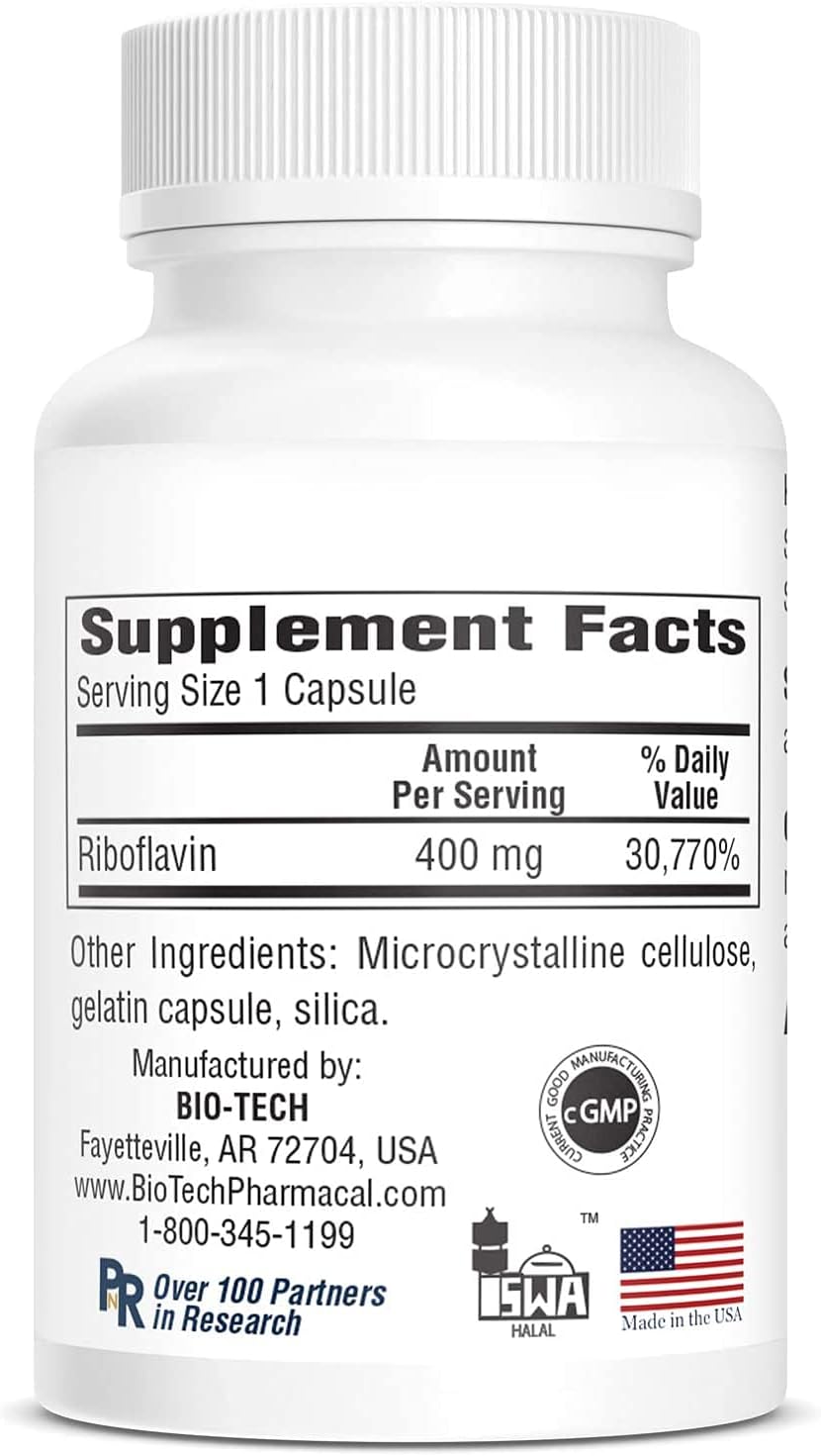 Bio-Tech Pharmacal B2-400 Capsules - Natural Supplement for Clarity & Productivity - Dairy, Fish, Gluten, Peanut, Shellfish, GMO, & Soy-Free - No Artificial Colors, 100ct