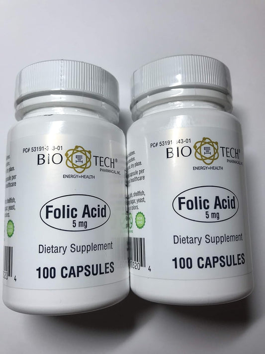 Bio-Tech Pharmacal Folic Acid 5mg - 200 Capsules - Pack of 2 - BioTech Pharmacal Product