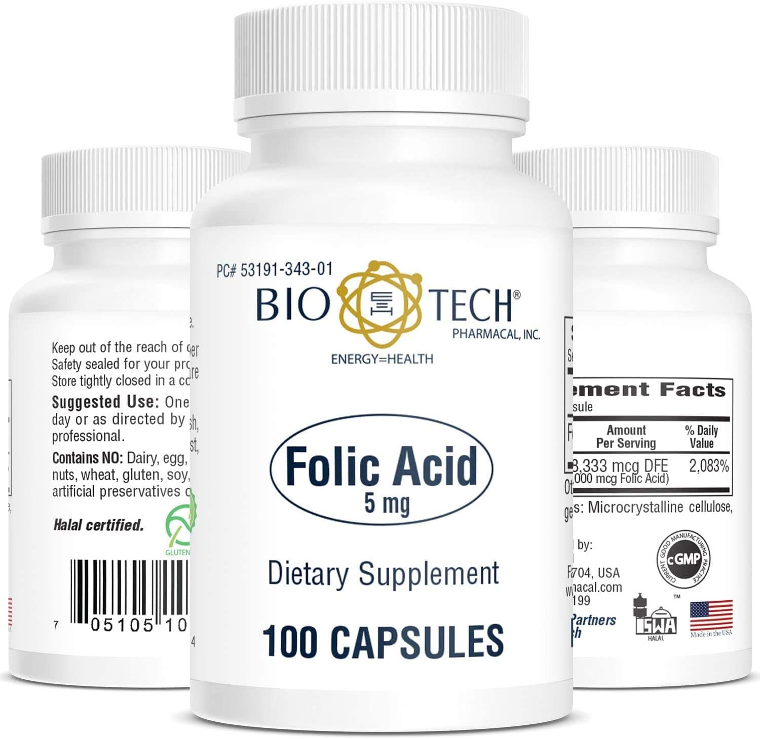 Bio-Tech Pharmacal Folic Acid 5mg - 200 Capsules - Pack of 2 - BioTech Pharmacal Product