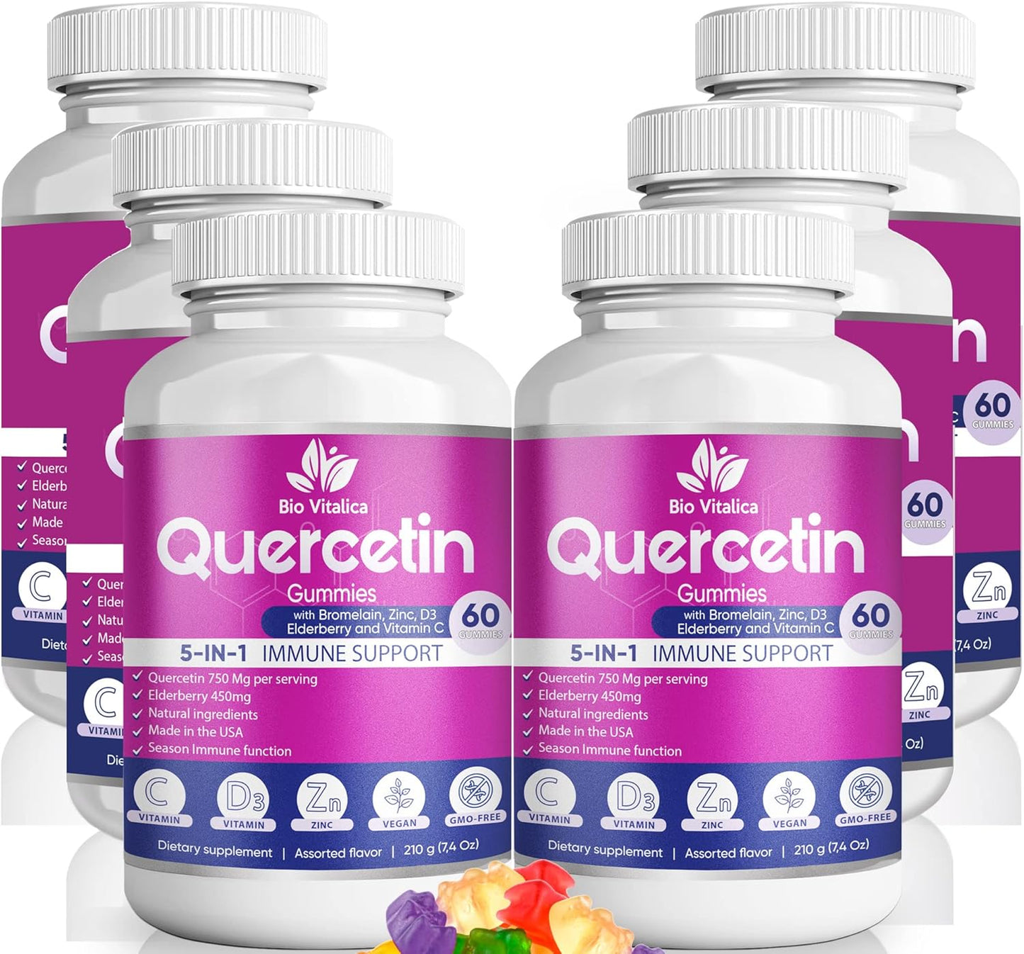 BIO VITALICA Quercetin Gummies with Bromelain, Vitamin C, Zinc, Elderberry, and D3 - Immune Support for Kids & Adults - 750mg Quercetin - 5-in-1 Formula