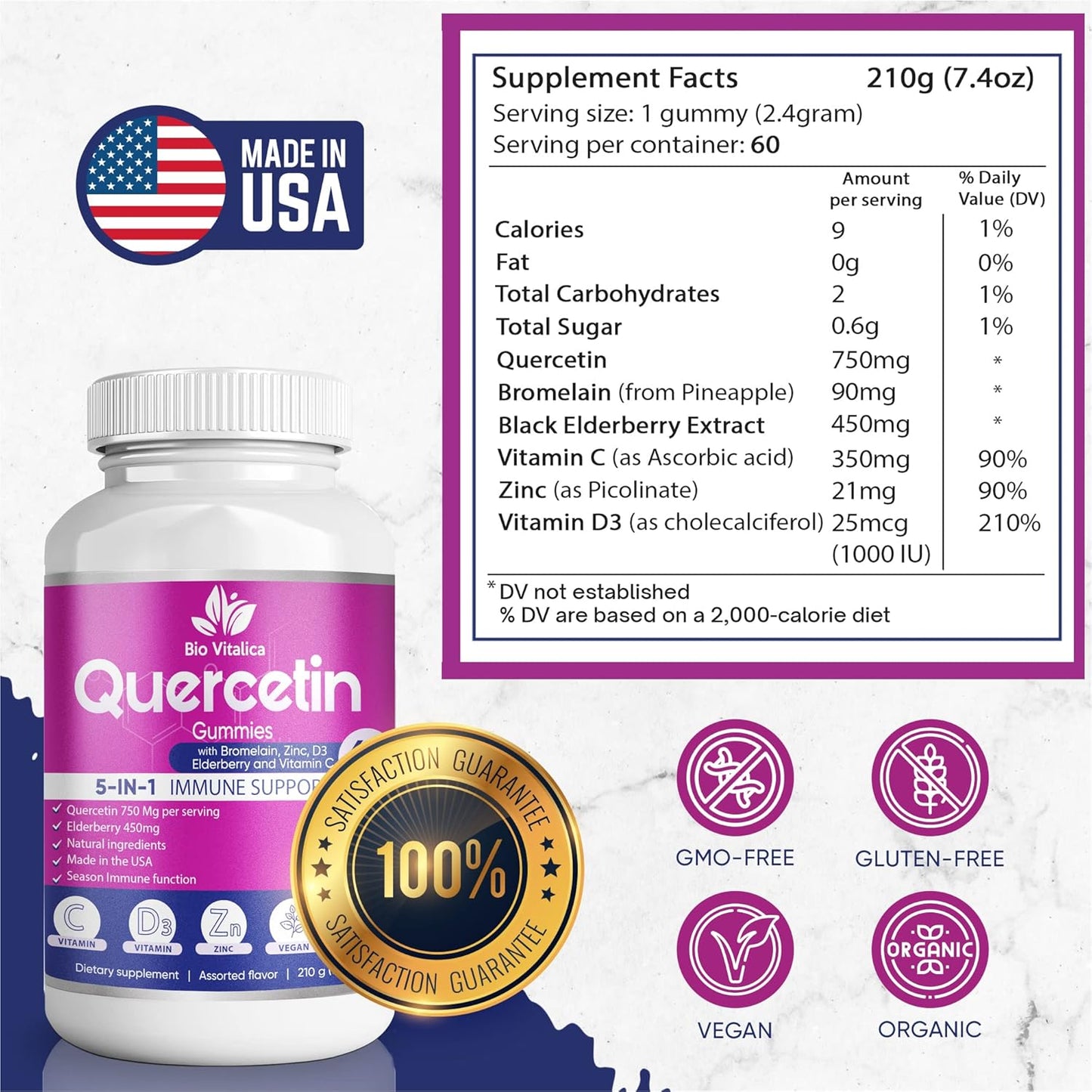 BIO VITALICA Quercetin Gummies with Bromelain, Vitamin C, Zinc, Elderberry, and D3 - Immune Support for Kids & Adults - 750mg Quercetin - 5-in-1 Formula