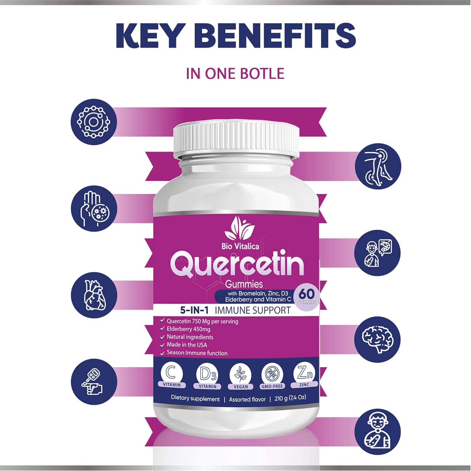 BIO VITALICA Quercetin Gummies with Bromelain, Vitamin C, Zinc, Elderberry, and D3 - Immune Support for Kids & Adults - 750mg Quercetin - 5-in-1 Formula